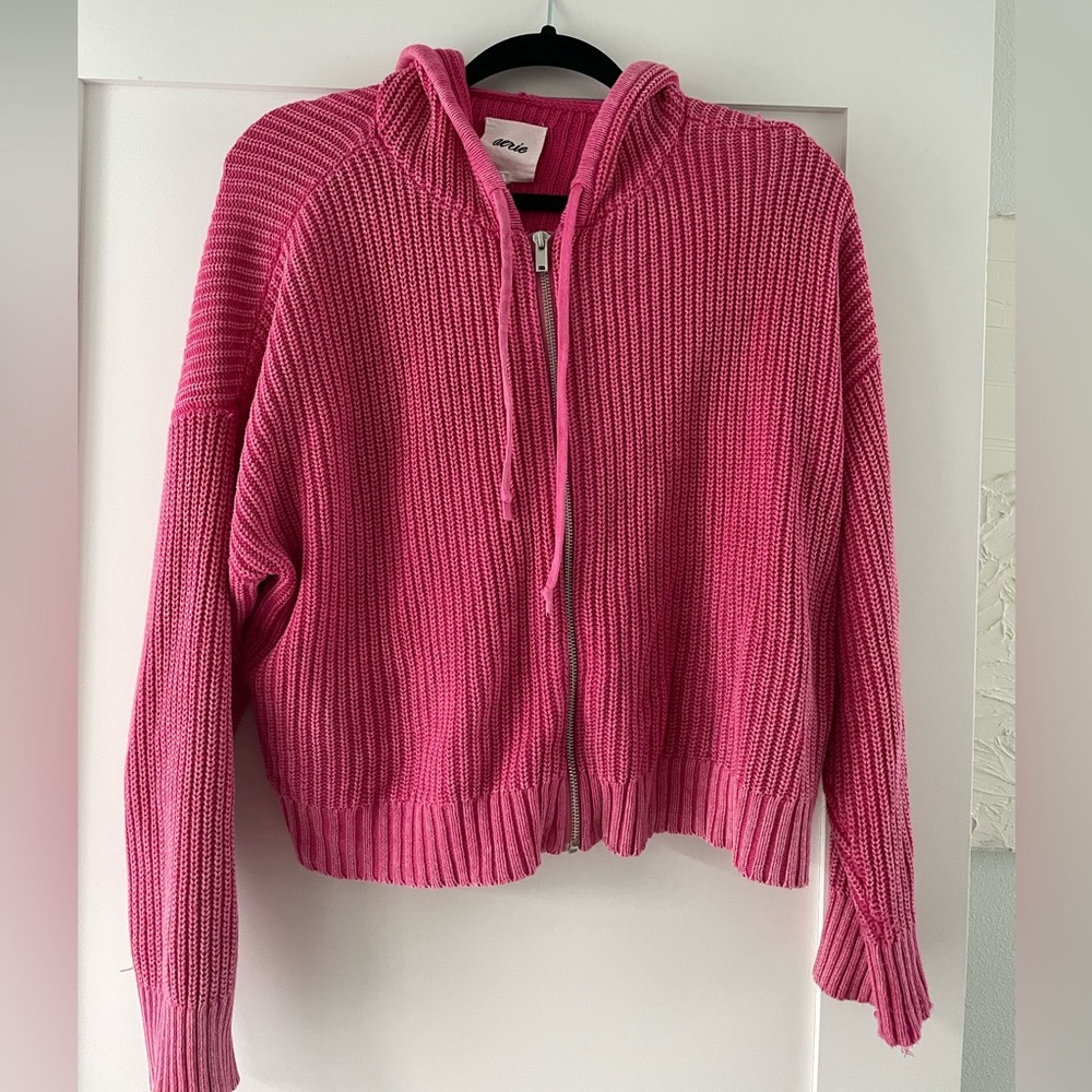 Pink Aerie Knit Zip Up Hoodie Sweater